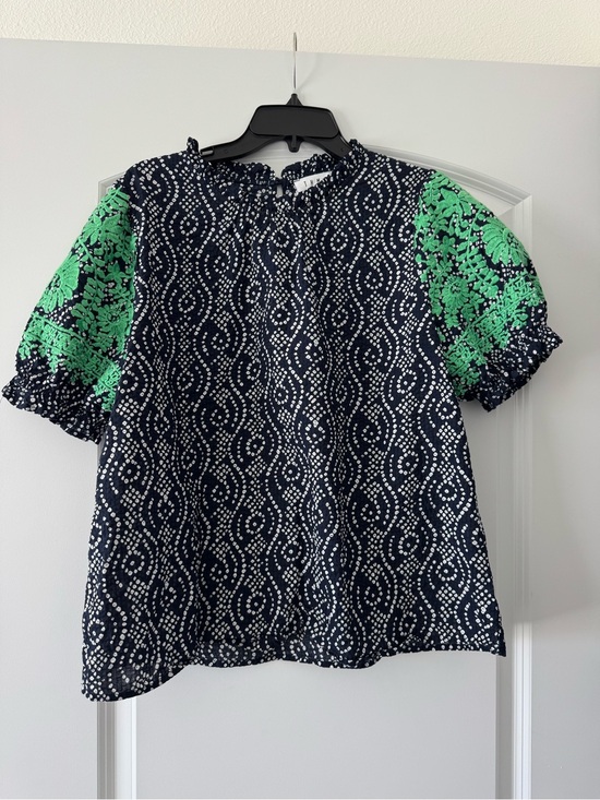 THML Tops - THML Navy Dot Pattern Blouse with Green Embroidered Sleeves